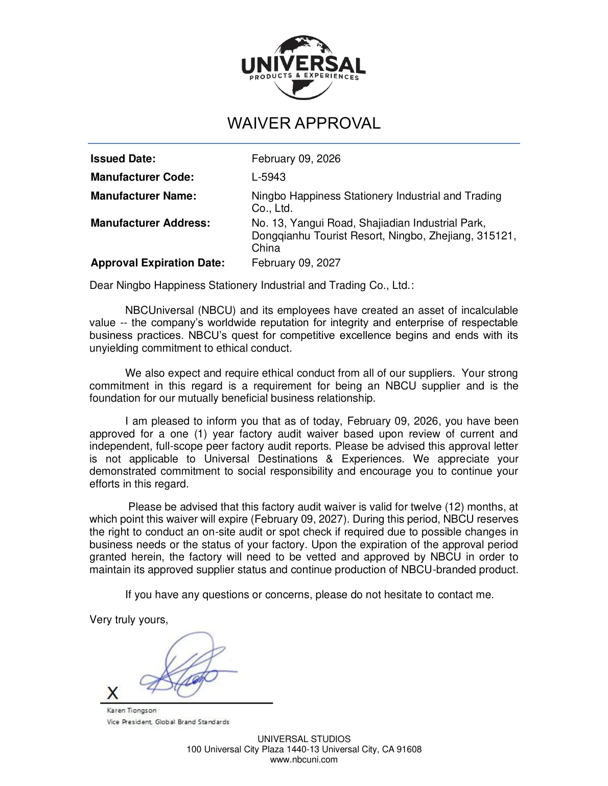 NBCUniversal factory audit waiver approval for Ningbo Happiness Stationery
