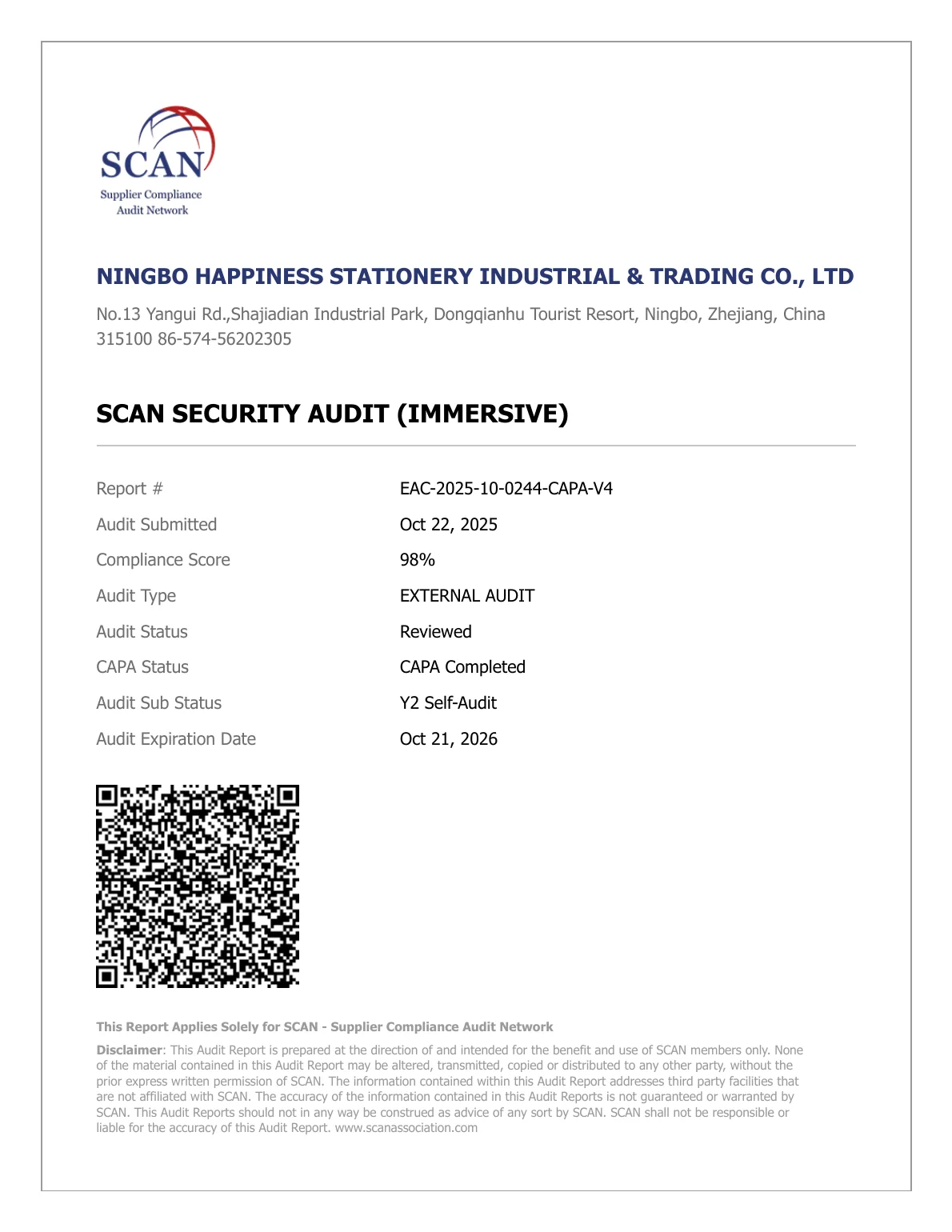 SCAN Supplier Compliance Audit Network security audit report for Ningbo Happiness Stationery