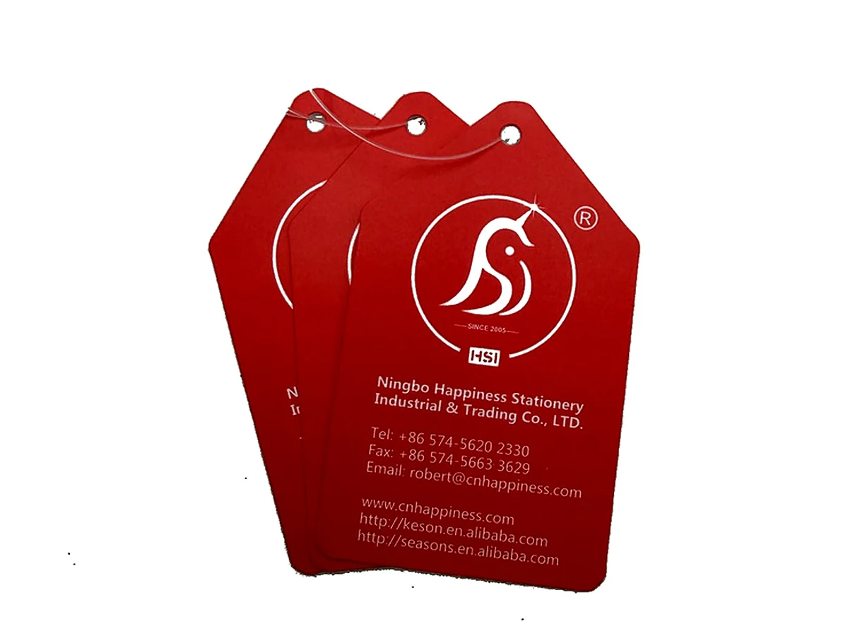 Ningbo Happiness custom printed hang tags on a clean white background