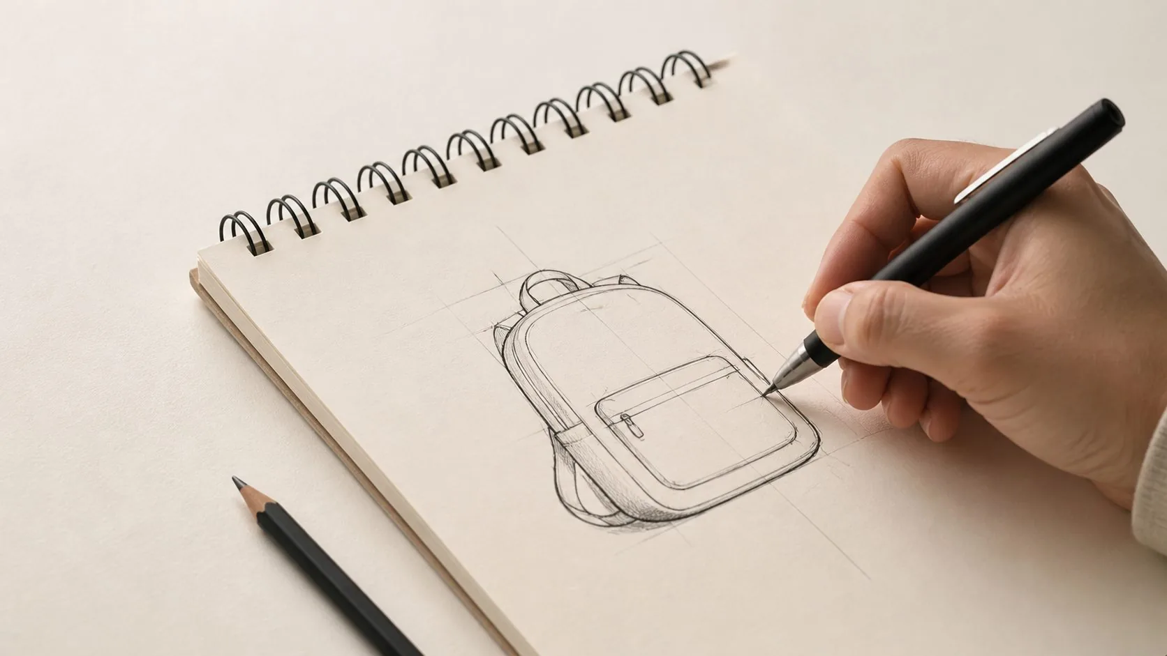 Hand sketching a backpack idea in a notebook