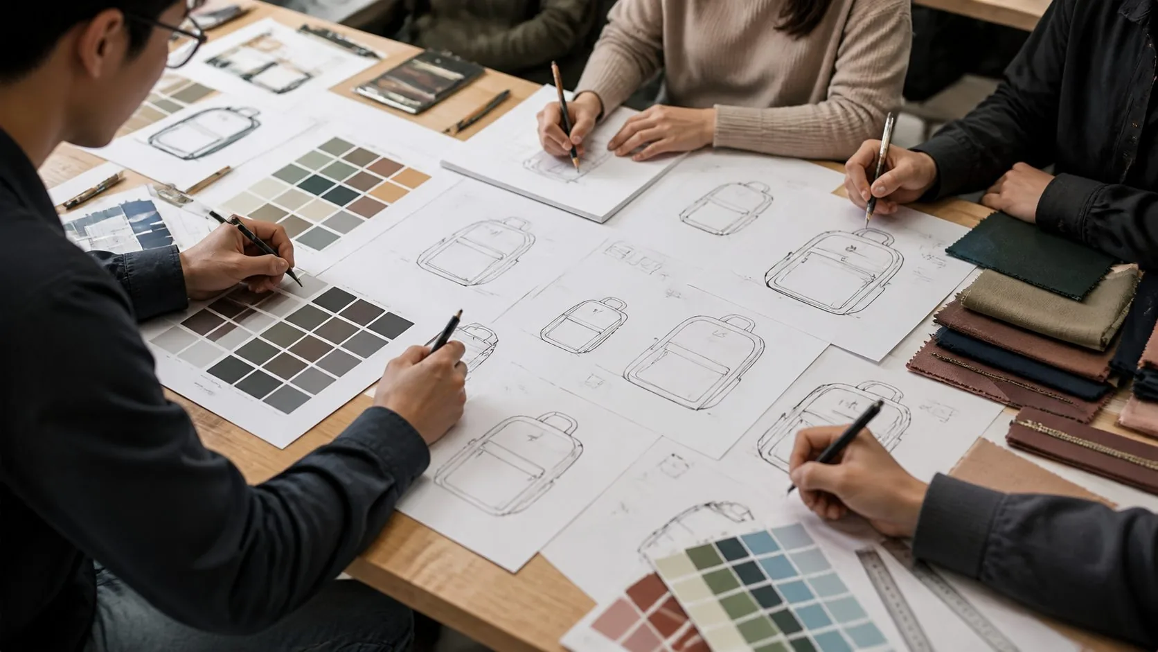 Product designers developing backpack sketches and colour direction